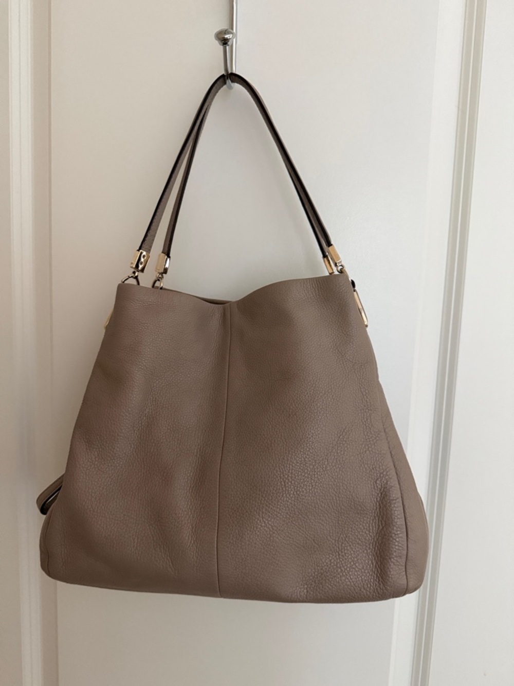 Coach Taupe Pebbled Leather Shoulder Bag with Black Straps and Gold Hardware